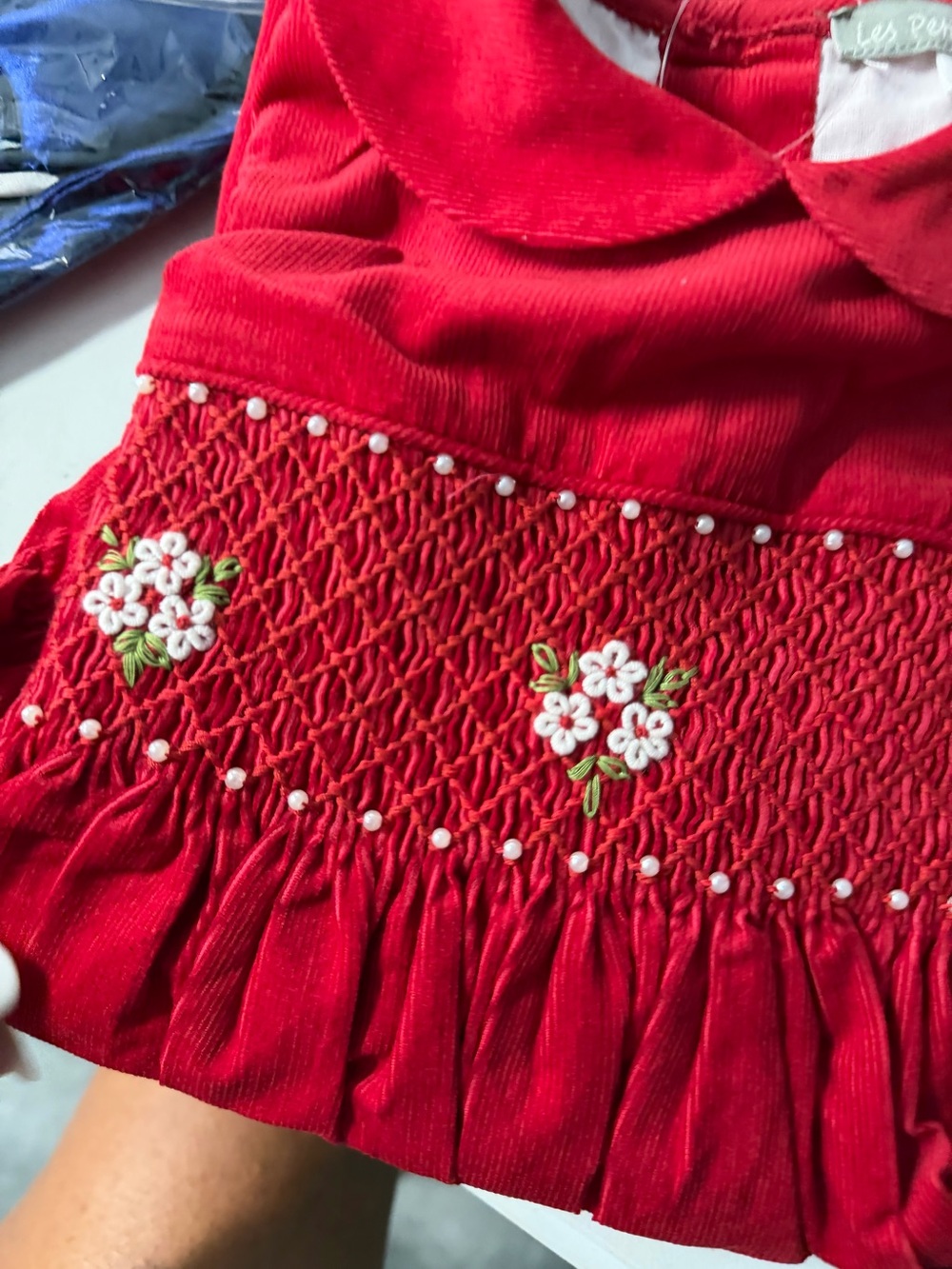 Smocked red corduroy Christmas dress with flowers size 2 toddler new package